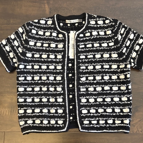 Alice + Olivia Black and White Short-Sleeve Textured Cardigan